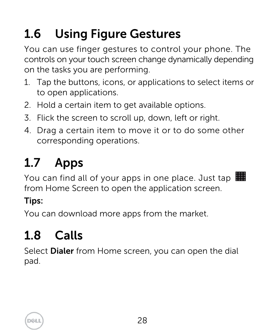 6 using figure gestures, 7 apps, 8 calls | Dell XCD35 Smartphone User Manual | Page 28 / 96