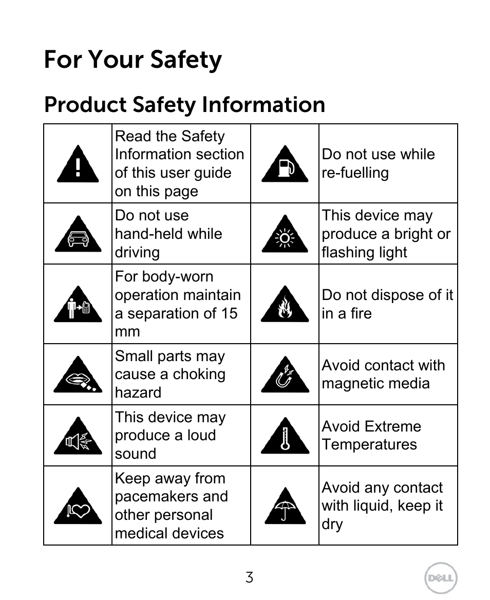 For your safety, Product safety information | Dell XCD35 Smartphone User Manual | Page 3 / 96