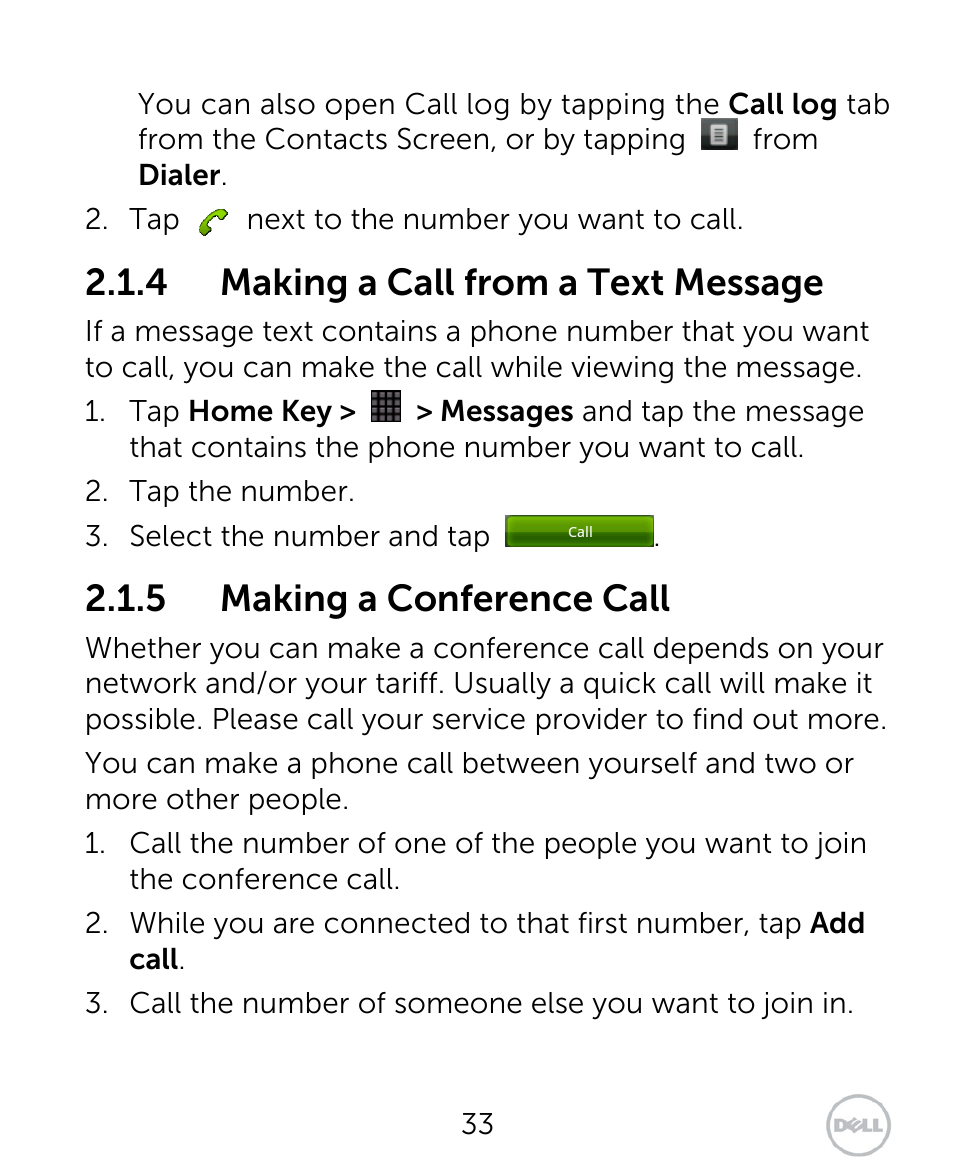 4 making a call from a text message, 5 making a conference call | Dell XCD35 Smartphone User Manual | Page 33 / 96
