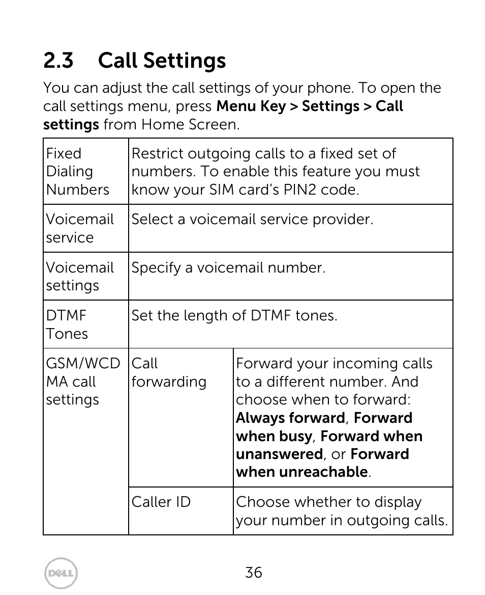 3 call settings | Dell XCD35 Smartphone User Manual | Page 36 / 96