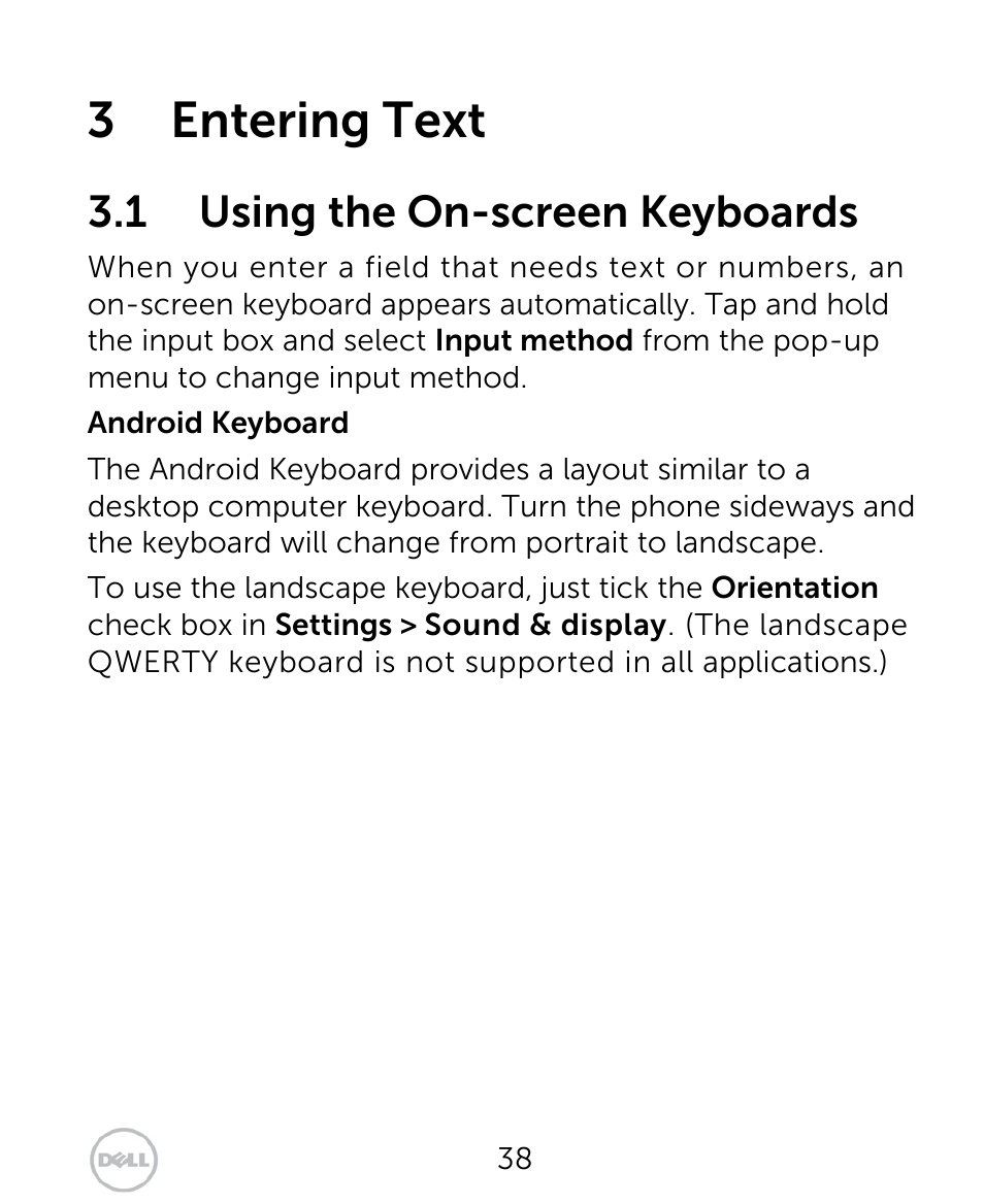 3 entering text, 1 using the on-screen keyboards | Dell XCD35 Smartphone User Manual | Page 38 / 96