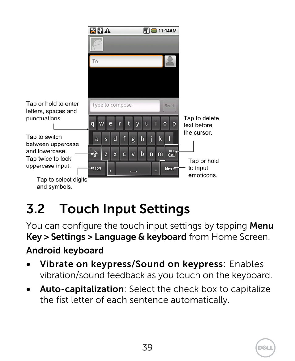 2 touch input settings | Dell XCD35 Smartphone User Manual | Page 39 / 96