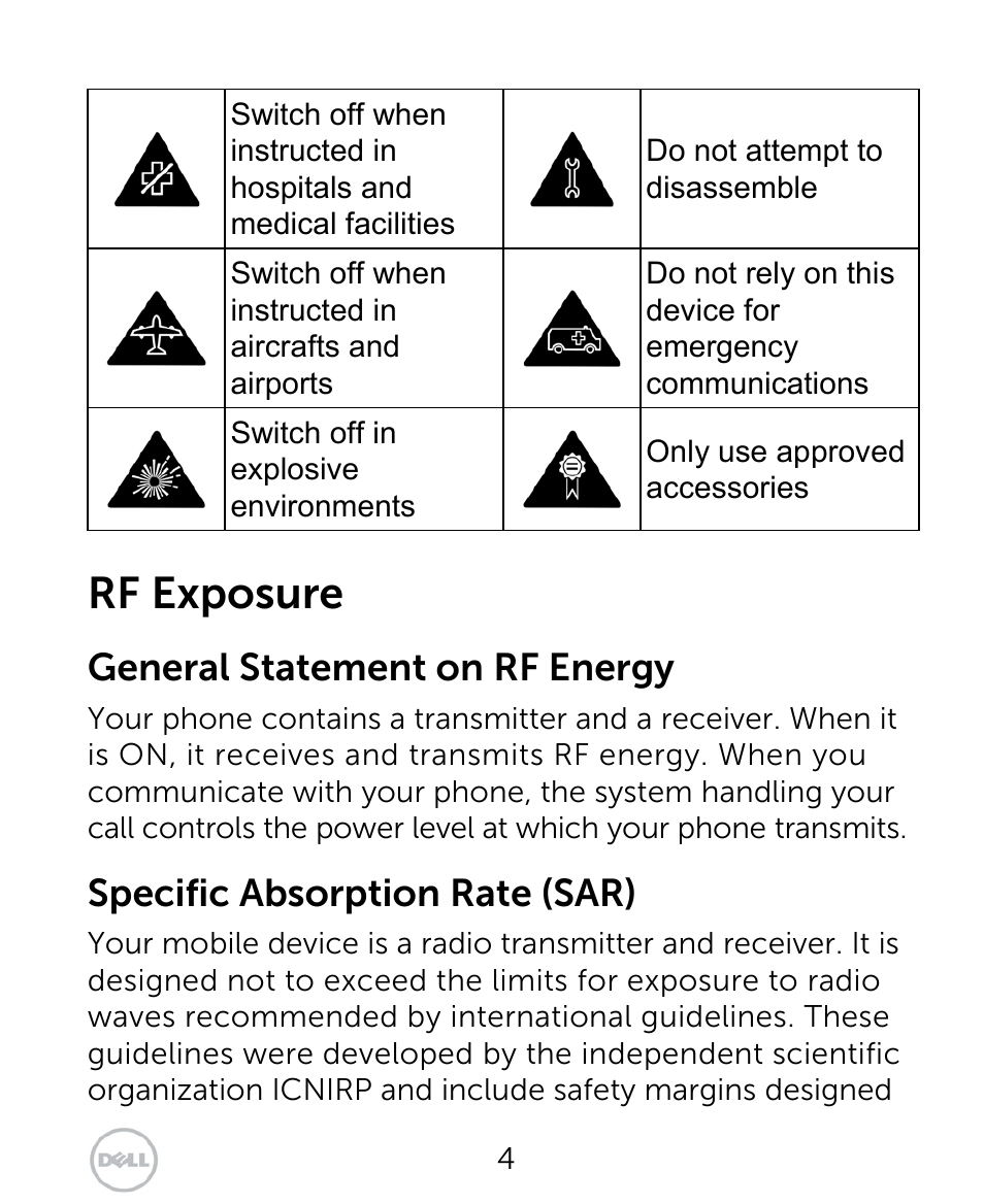 Rf exposure, General statement on rf energy, Specific absorption rate (sar) | Dell XCD35 Smartphone User Manual | Page 4 / 96