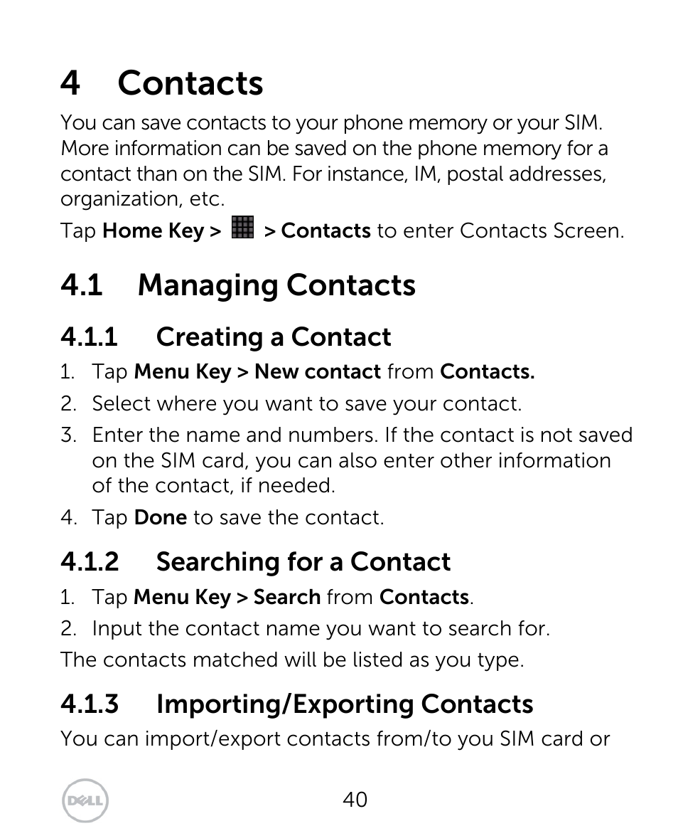 4 contacts, 1 managing contacts, 1 creating a contact | 2 searching for a contact, 3 importing/exporting contacts | Dell XCD35 Smartphone User Manual | Page 40 / 96