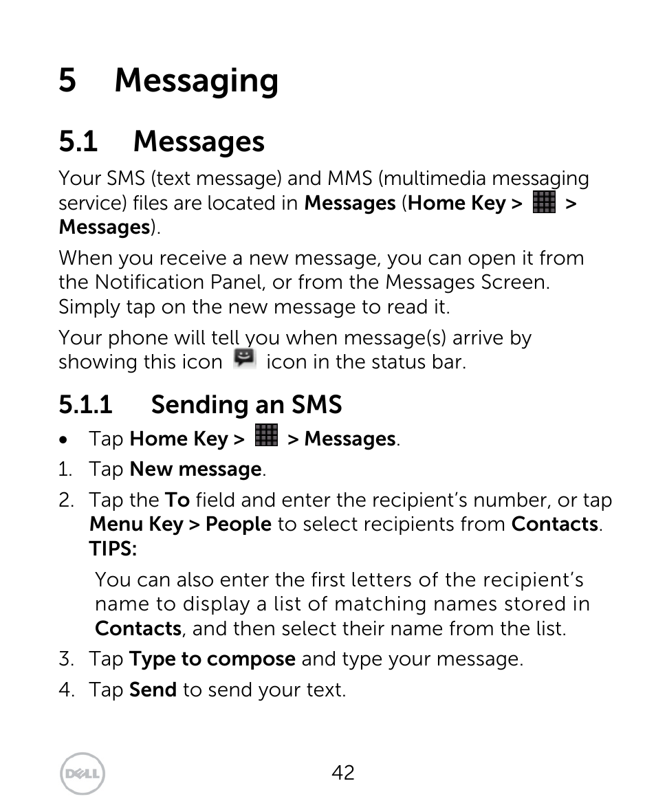5 messaging, 1 messages, 1 sending an sms | Dell XCD35 Smartphone User Manual | Page 42 / 96