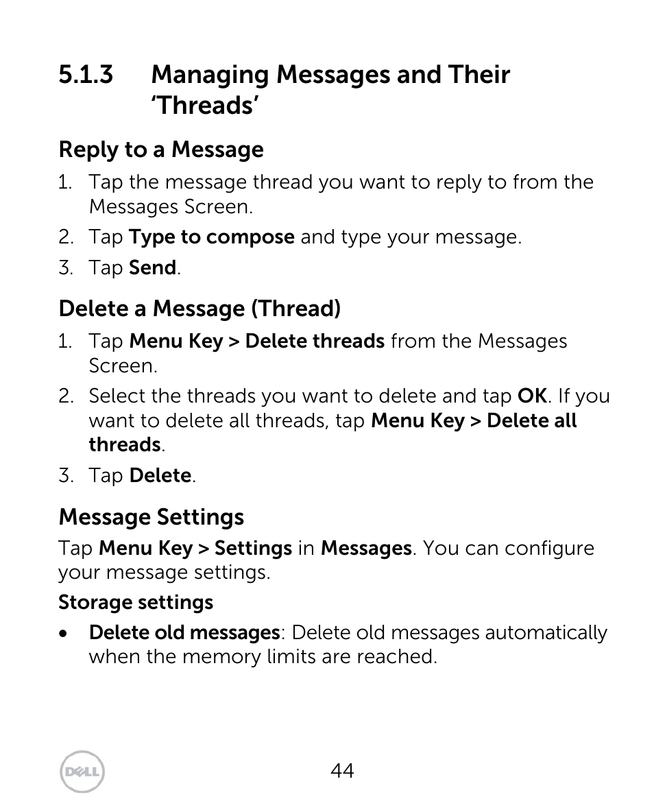 3 managing messages and their ‘threads | Dell XCD35 Smartphone User Manual | Page 44 / 96