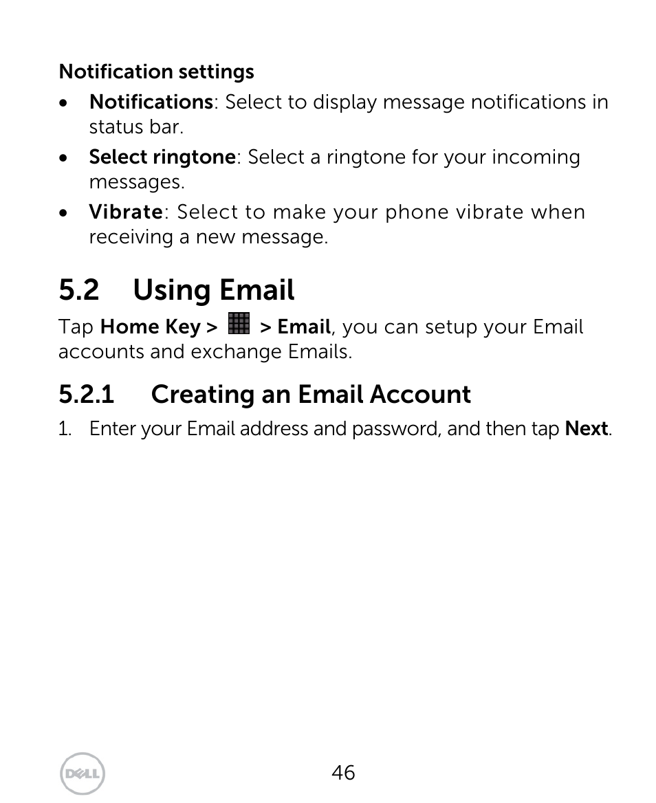 2 using email, 1 creating an email account | Dell XCD35 Smartphone User Manual | Page 46 / 96