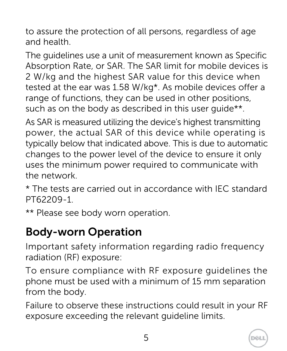 Body-worn operation | Dell XCD35 Smartphone User Manual | Page 5 / 96