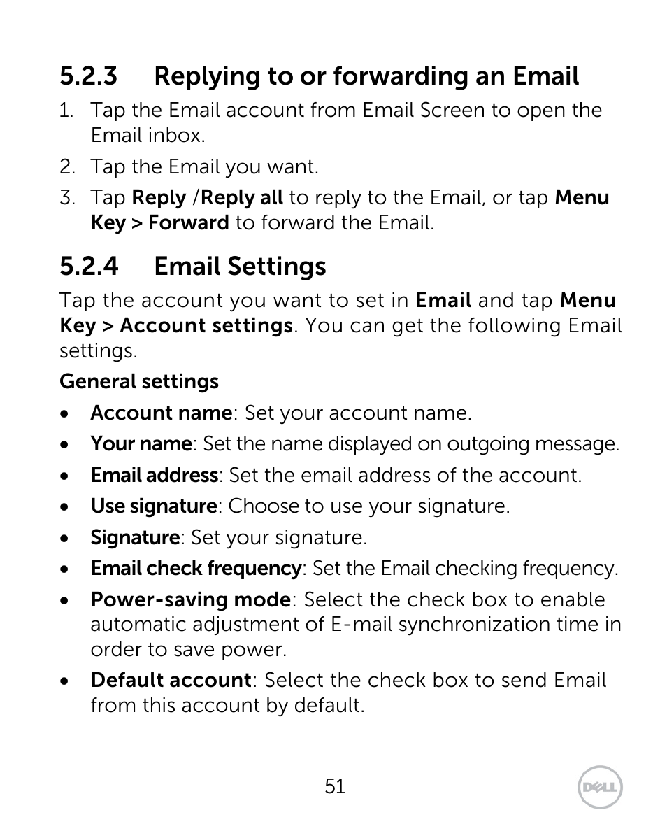 3 replying to or forwarding an email, 4 email settings | Dell XCD35 Smartphone User Manual | Page 51 / 96