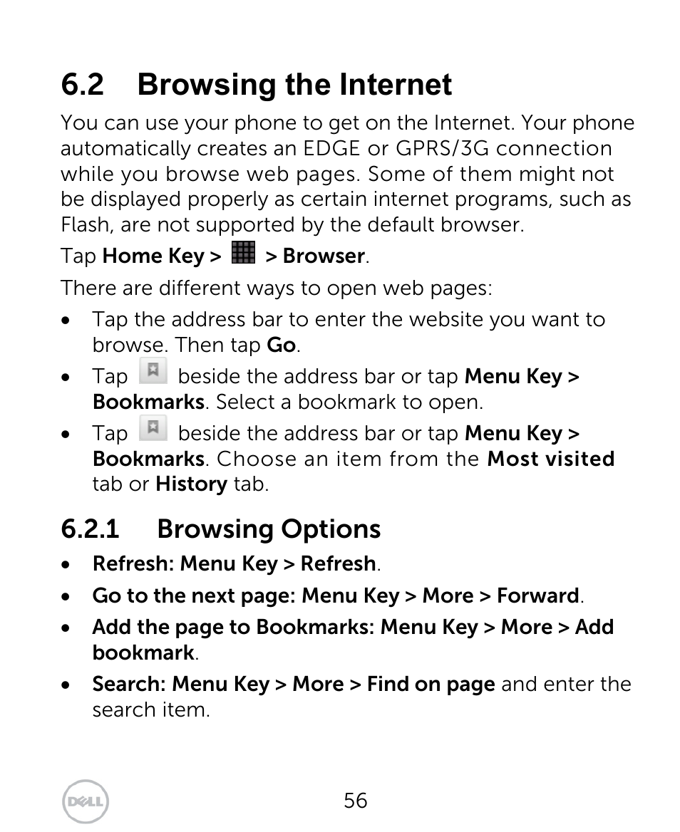 2 browsing the internet, 1 browsing options | Dell XCD35 Smartphone User Manual | Page 56 / 96