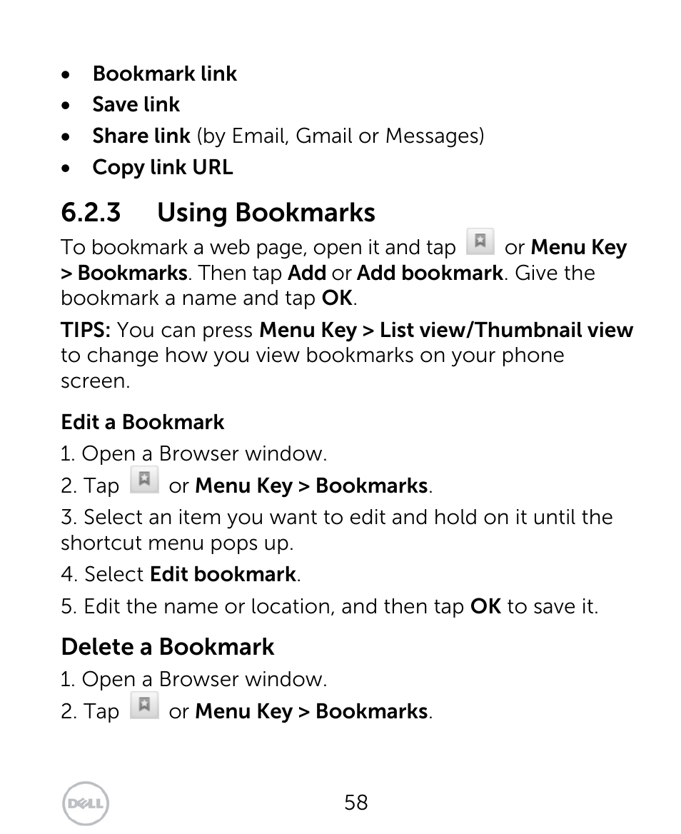 3 using bookmarks | Dell XCD35 Smartphone User Manual | Page 58 / 96
