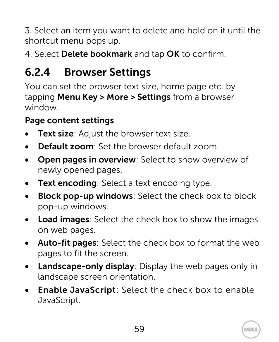 4 browser settings | Dell XCD35 Smartphone User Manual | Page 59 / 96