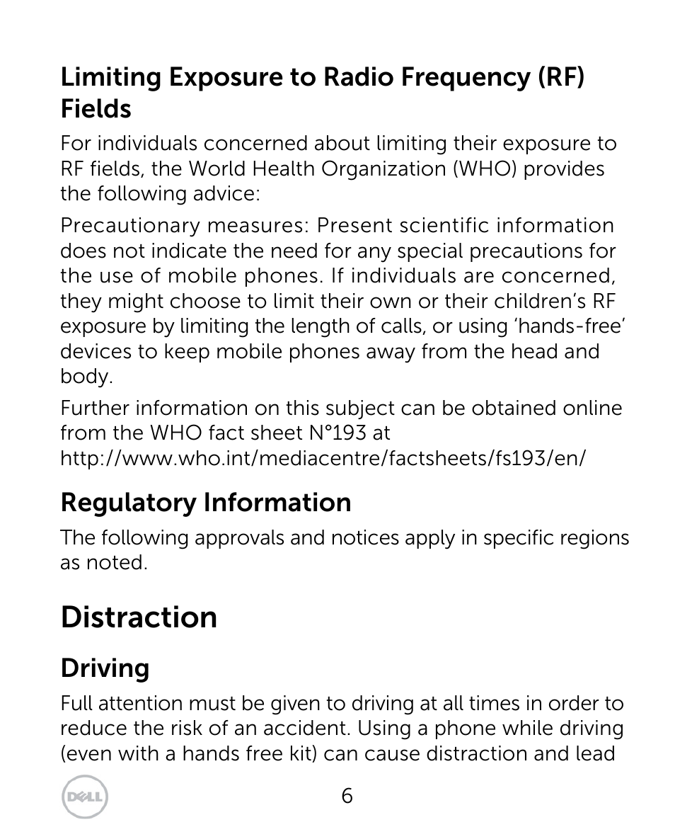 Distraction, Limiting exposure to radio frequency (rf) fields, Regulatory information | Driving | Dell XCD35 Smartphone User Manual | Page 6 / 96
