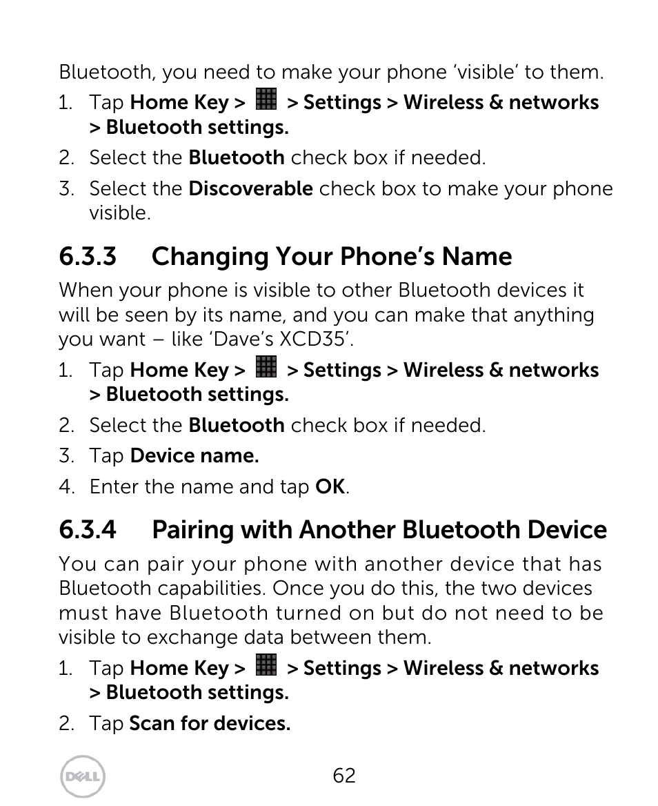 3 changing your phone’s name, 4 pairing with another bluetooth device | Dell XCD35 Smartphone User Manual | Page 62 / 96
