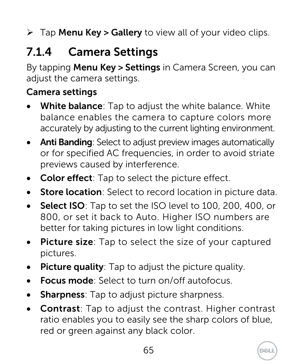 4 camera settings | Dell XCD35 Smartphone User Manual | Page 65 / 96