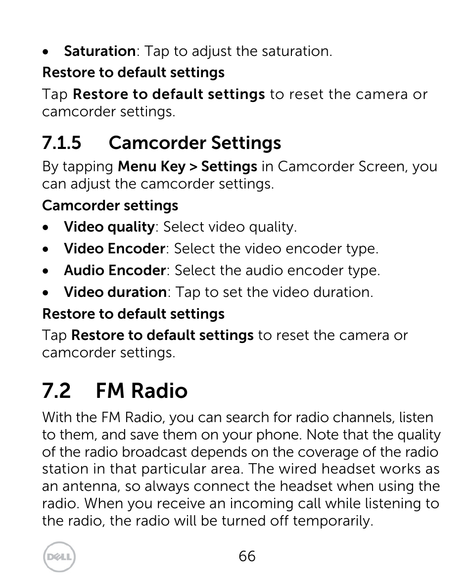2 fm radio, 5 camcorder settings | Dell XCD35 Smartphone User Manual | Page 66 / 96