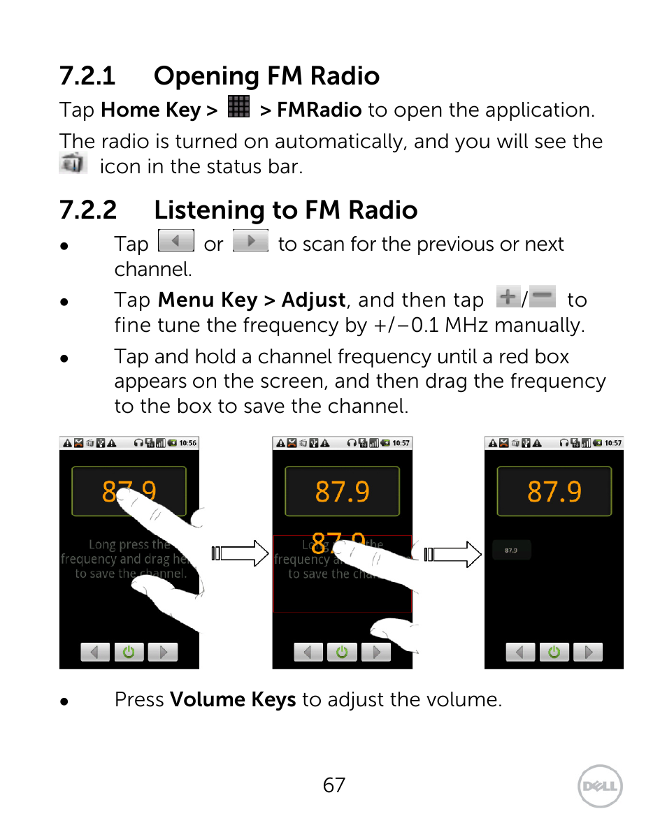 1 opening fm radio, 2 listening to fm radio | Dell XCD35 Smartphone User Manual | Page 67 / 96