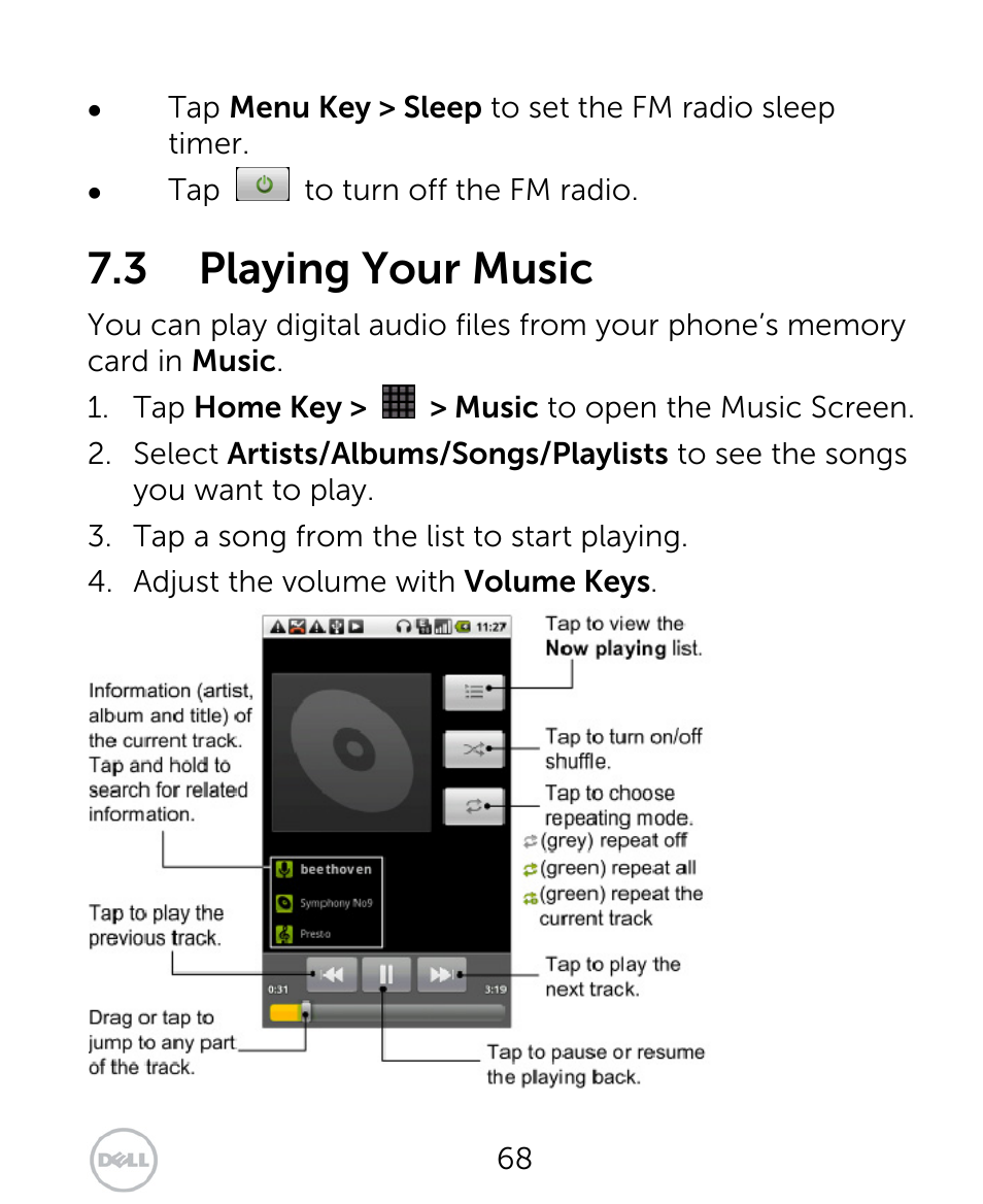 3 playing your music | Dell XCD35 Smartphone User Manual | Page 68 / 96