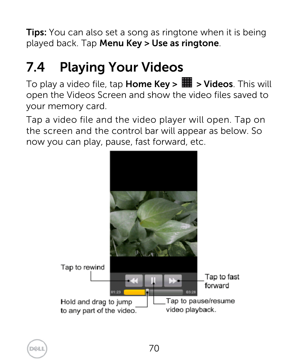 4 playing your videos | Dell XCD35 Smartphone User Manual | Page 70 / 96