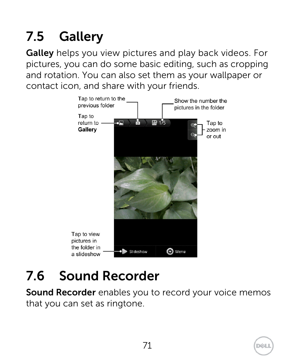 5 gallery, 6 sound recorder | Dell XCD35 Smartphone User Manual | Page 71 / 96