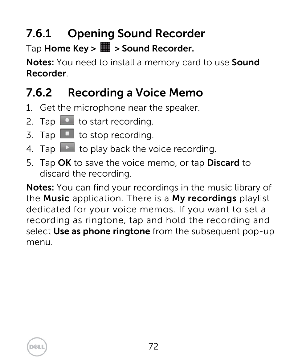 1 opening sound recorder | Dell XCD35 Smartphone User Manual | Page 72 / 96