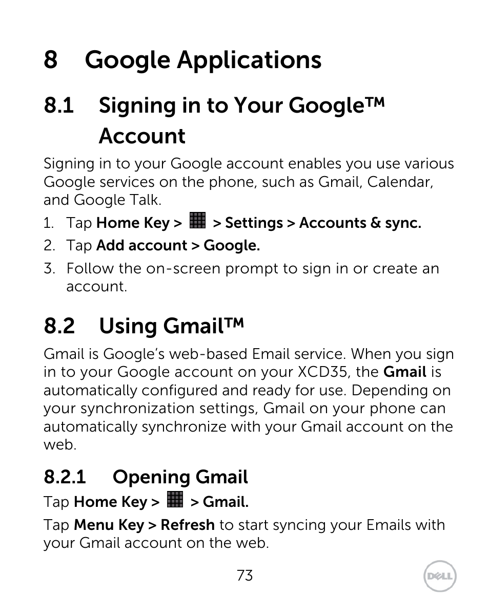 8 google applications, 1 signing in to your google™ account, 2 using gmail | 1 opening gmail | Dell XCD35 Smartphone User Manual | Page 73 / 96