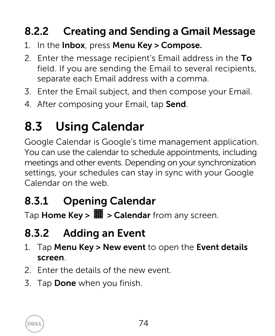 3 using calendar, 2 creating and sending a gmail message, 1 opening calendar | 2 adding an event | Dell XCD35 Smartphone User Manual | Page 74 / 96