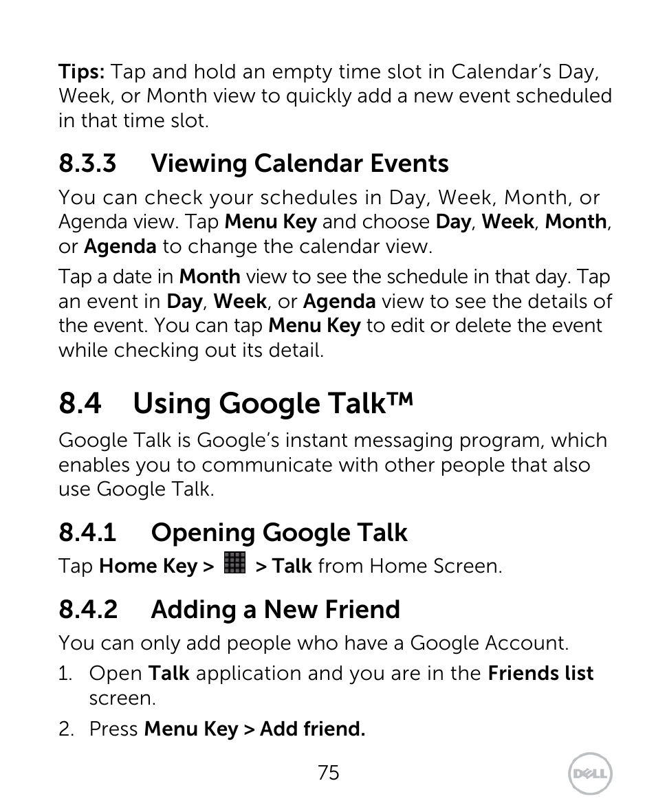 4 using google talk, 3 viewing calendar events, 1 opening google talk | 2 adding a new friend | Dell XCD35 Smartphone User Manual | Page 75 / 96