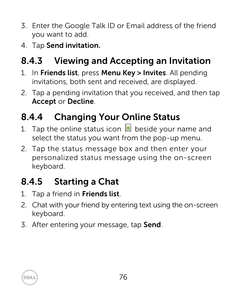 3 viewing and accepting an invitation, 4 changing your online status, 5 starting a chat | Dell XCD35 Smartphone User Manual | Page 76 / 96