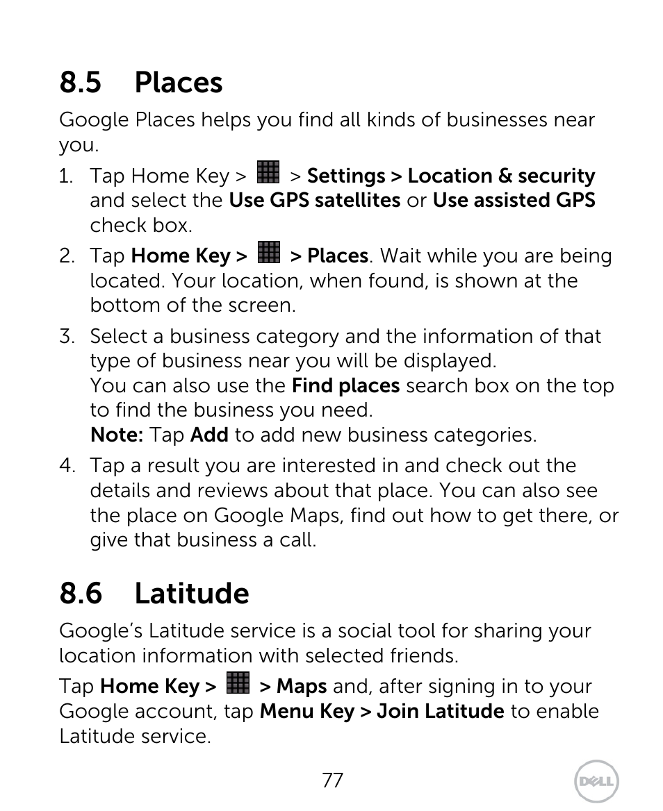 5 places, 6 latitude | Dell XCD35 Smartphone User Manual | Page 77 / 96