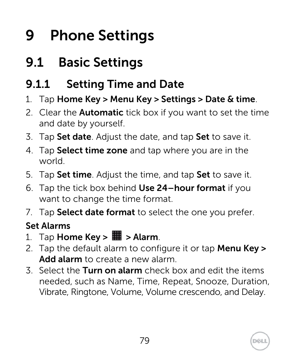 9 phone settings, 1 basic settings, 1 setting time and date | Dell XCD35 Smartphone User Manual | Page 79 / 96