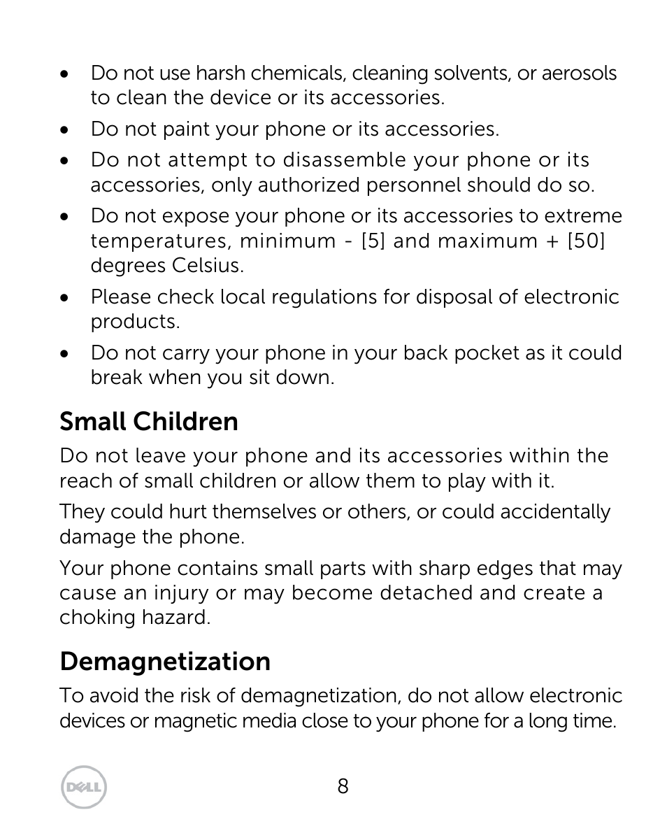 Small children, Demagnetization | Dell XCD35 Smartphone User Manual | Page 8 / 96