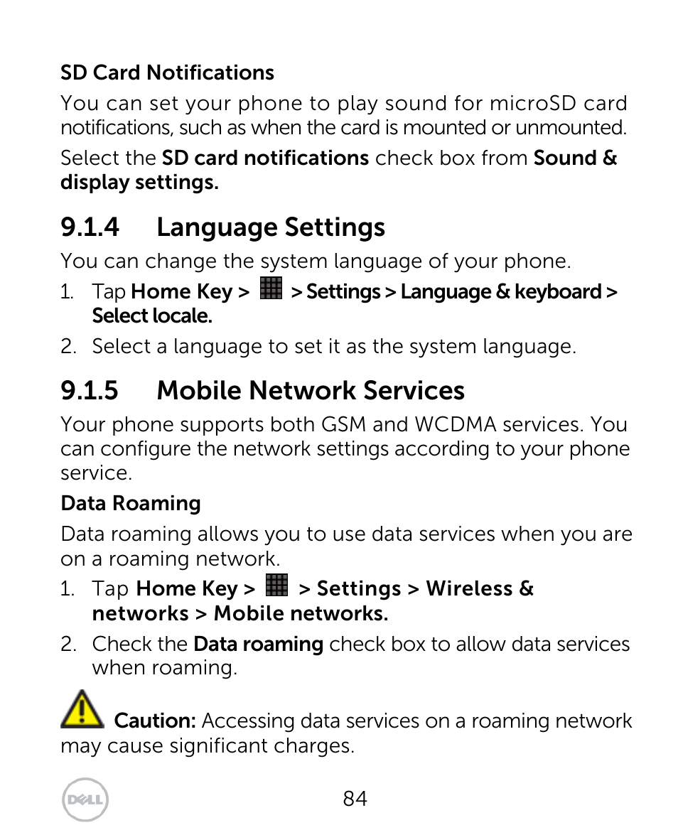 4 language settings, 5 mobile network services | Dell XCD35 Smartphone User Manual | Page 84 / 96