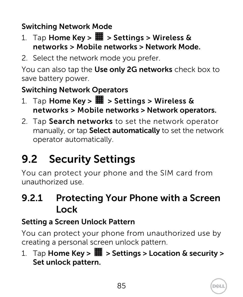 2 security settings, 1 protecting your phone with a screen lock | Dell XCD35 Smartphone User Manual | Page 85 / 96