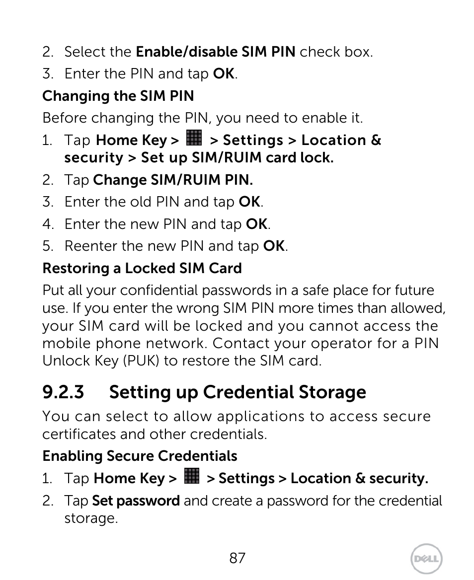 3 setting up credential storage | Dell XCD35 Smartphone User Manual | Page 87 / 96