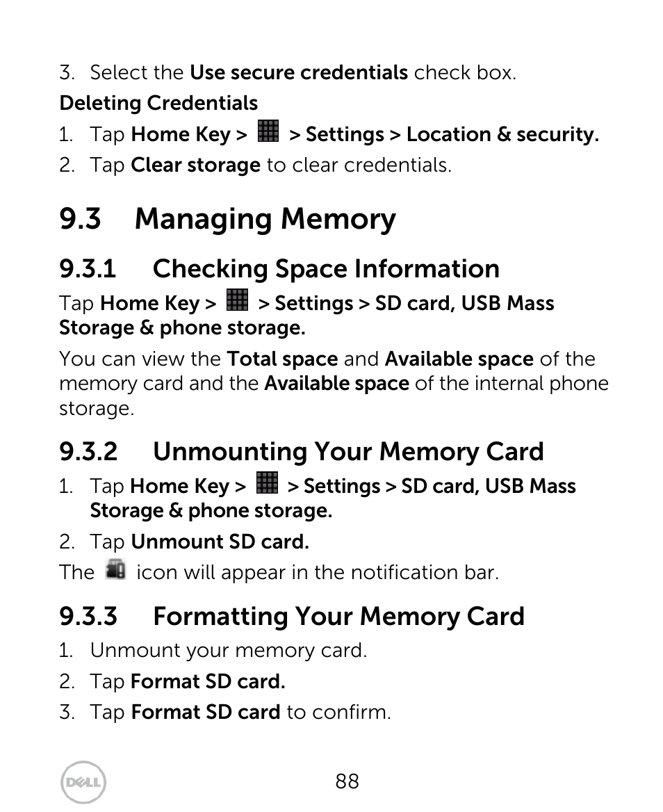 1 checking space information | Dell XCD35 Smartphone User Manual | Page 88 / 96