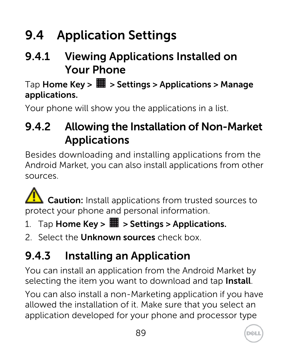 4 application settings, 1 viewing applications installed on your phone, 3 installing an application | Dell XCD35 Smartphone User Manual | Page 89 / 96