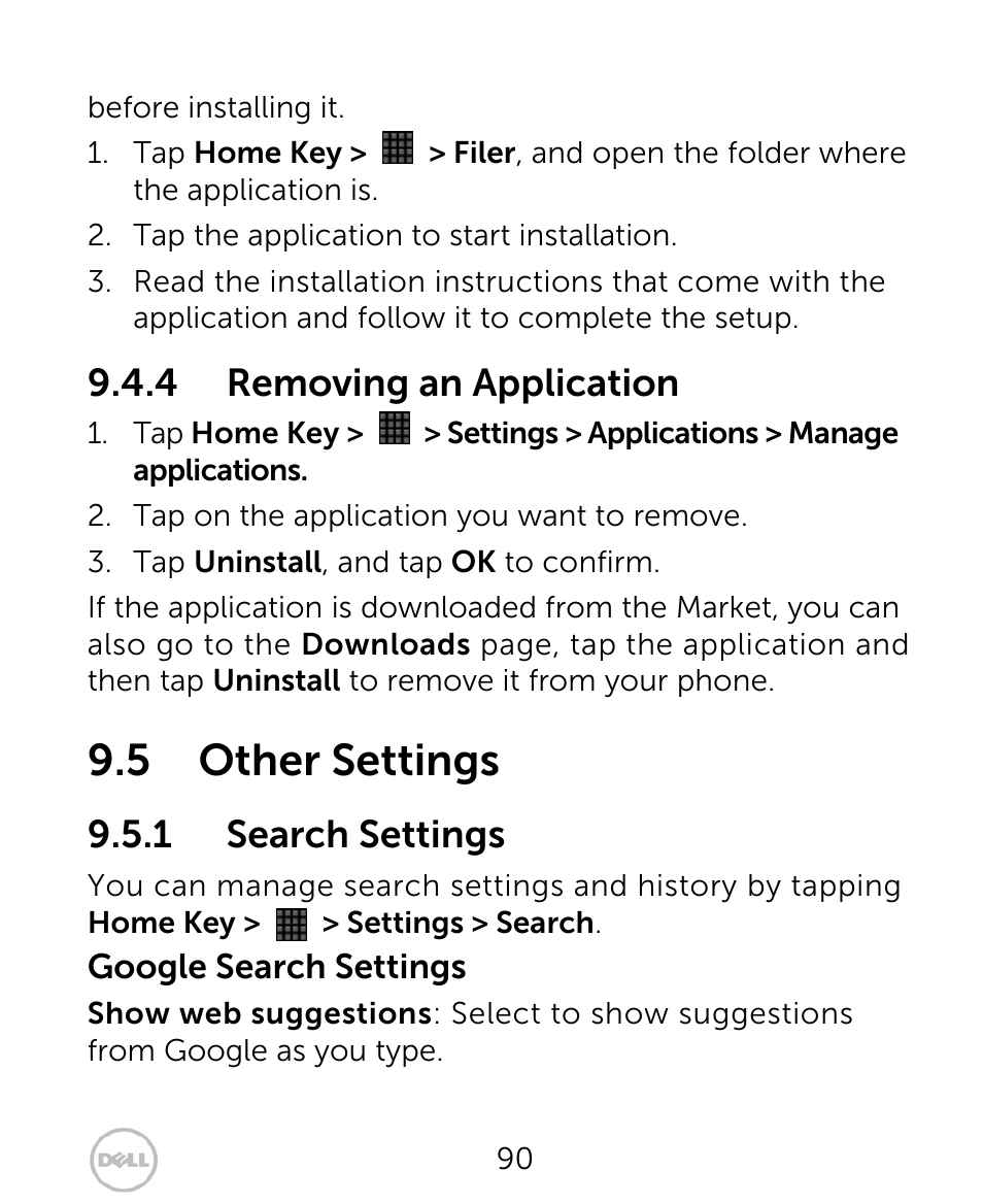 5 other settings, 4 removing an application, 1 search settings | Dell XCD35 Smartphone User Manual | Page 90 / 96