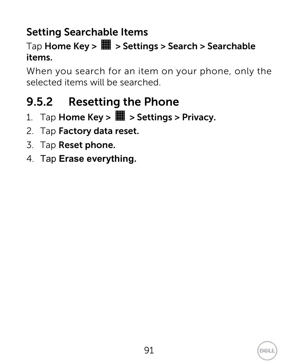 2 resetting the phone | Dell XCD35 Smartphone User Manual | Page 91 / 96