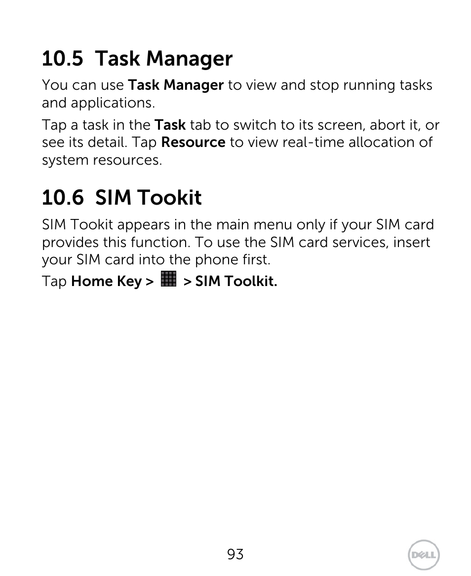 5 task manager, 6 sim tookit | Dell XCD35 Smartphone User Manual | Page 93 / 96