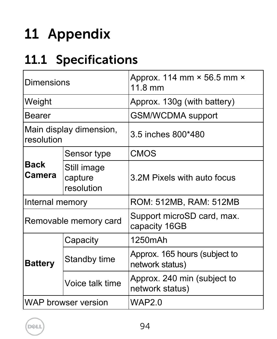 11 appendix, 1 specifications | Dell XCD35 Smartphone User Manual | Page 94 / 96