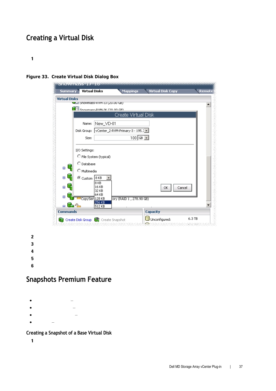 Creating a virtual disk, Snapshots premium feature | Dell PowerVault MD3000 User Manual | Page 37 / 52