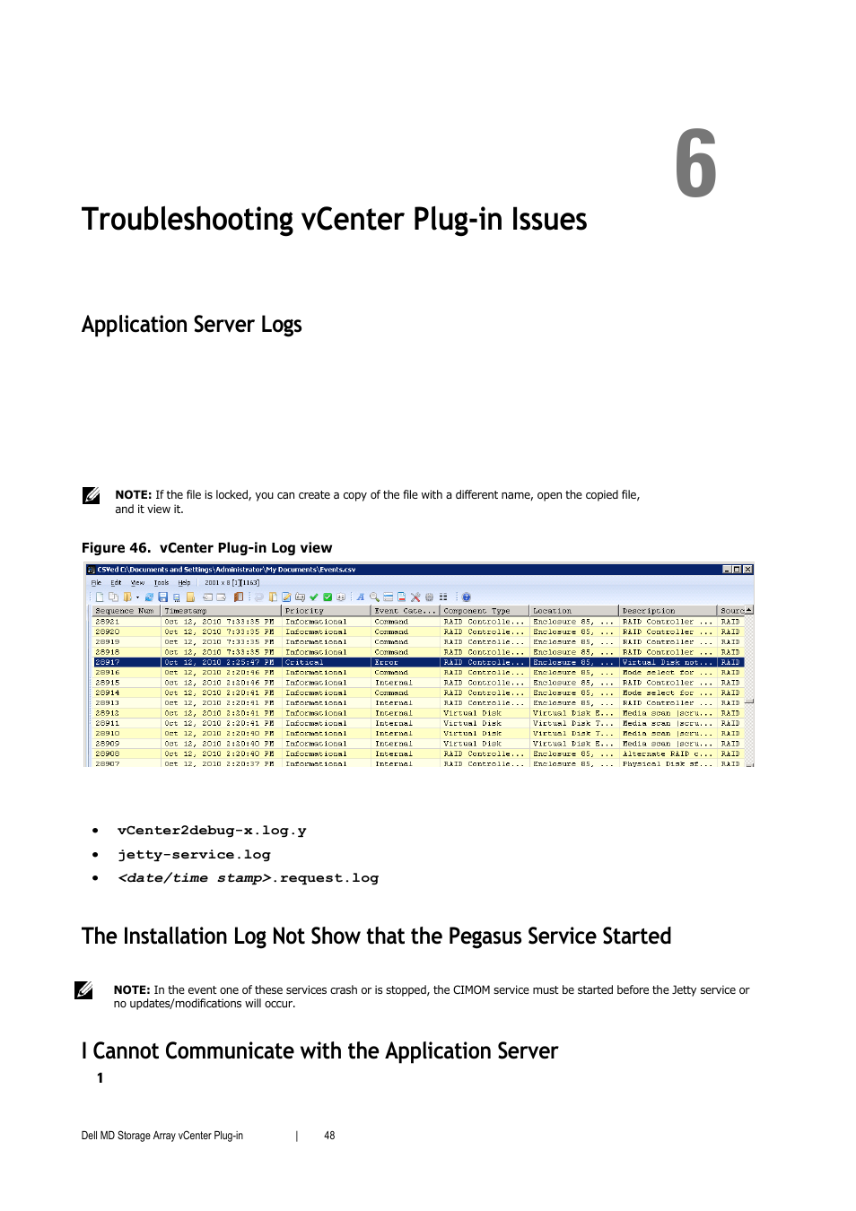 Troubleshooting vcenter plug-in issues, Application server logs, I cannot communicate with the application server | Dell PowerVault MD3000 User Manual | Page 48 / 52