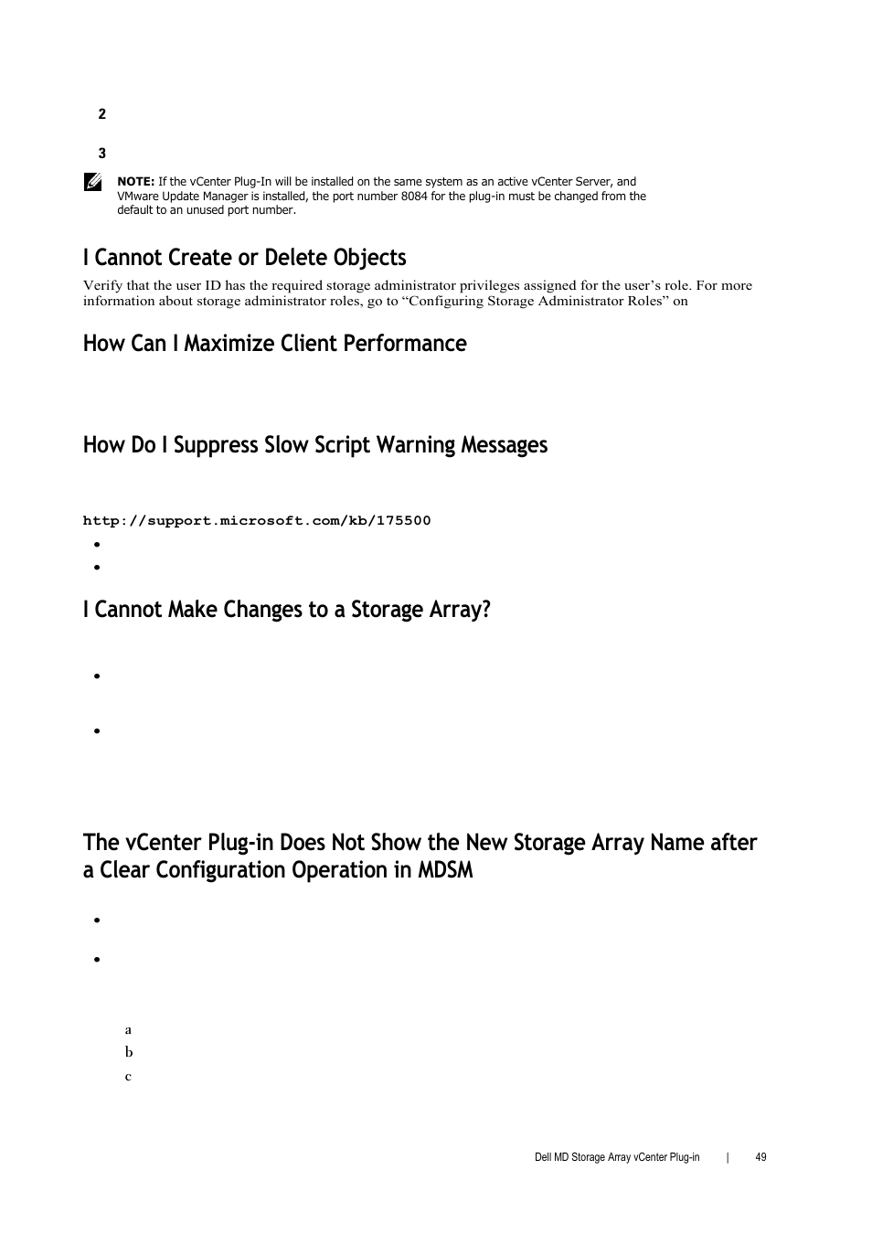 I cannot create or delete objects, How can i maximize client performance, How do i suppress slow script warning messages | I cannot make changes to a storage array | Dell PowerVault MD3000 User Manual | Page 49 / 52