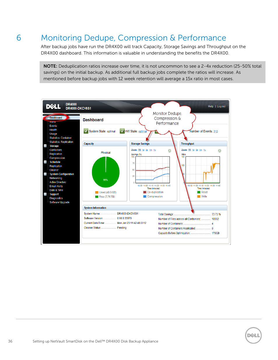 Monitoring dedupe, compression & performance, 6monitoring dedupe, compression & performance | Dell PowerVault DR2000v User Manual | Page 36 / 37