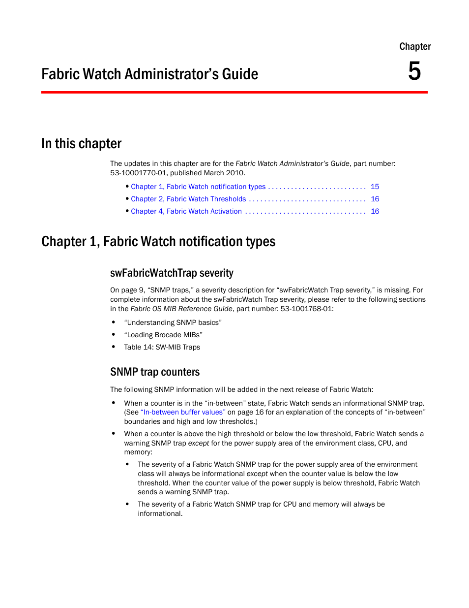 Fabric watch administrator’s guide, In this chapter, Chapter 1, fabric watch notification types | Swfabricwatchtrap severity, Snmp trap counters, Chapter 5 | Dell POWEREDGE M1000E User Manual | Page 21 / 26