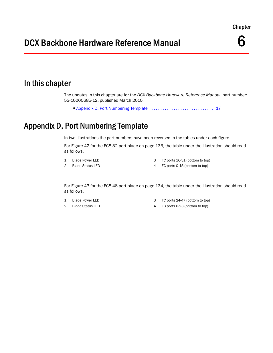 Dcx backbone hardware reference manual, In this chapter, Appendix d, port numbering template | Chapter 6, Chapter | Dell POWEREDGE M1000E User Manual | Page 23 / 26