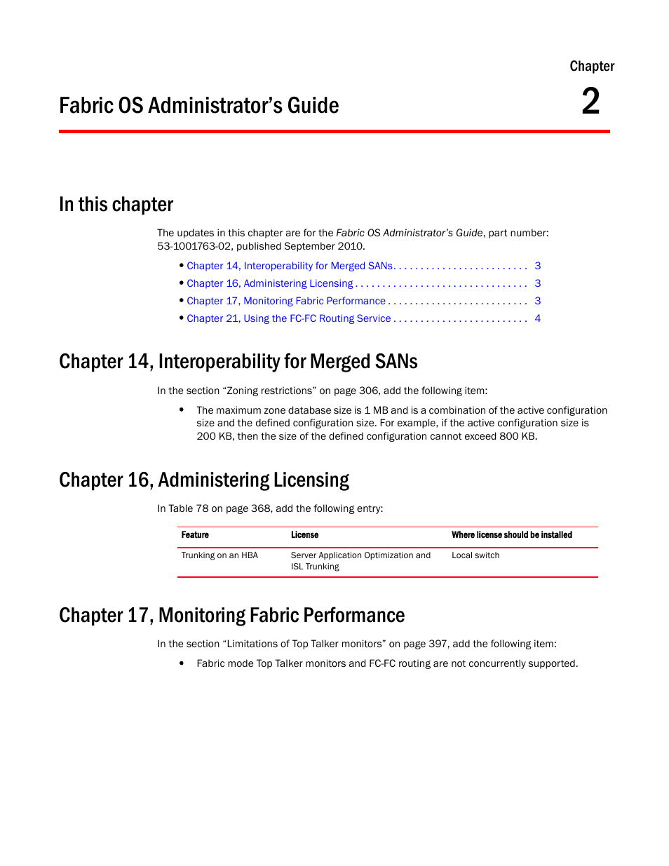 Fabric os administrator’s guide, In this chapter, Chapter 14, interoperability for merged sans | Chapter 16, administering licensing, Chapter 17, monitoring fabric performance, Chapter 2 | Dell POWEREDGE M1000E User Manual | Page 9 / 26