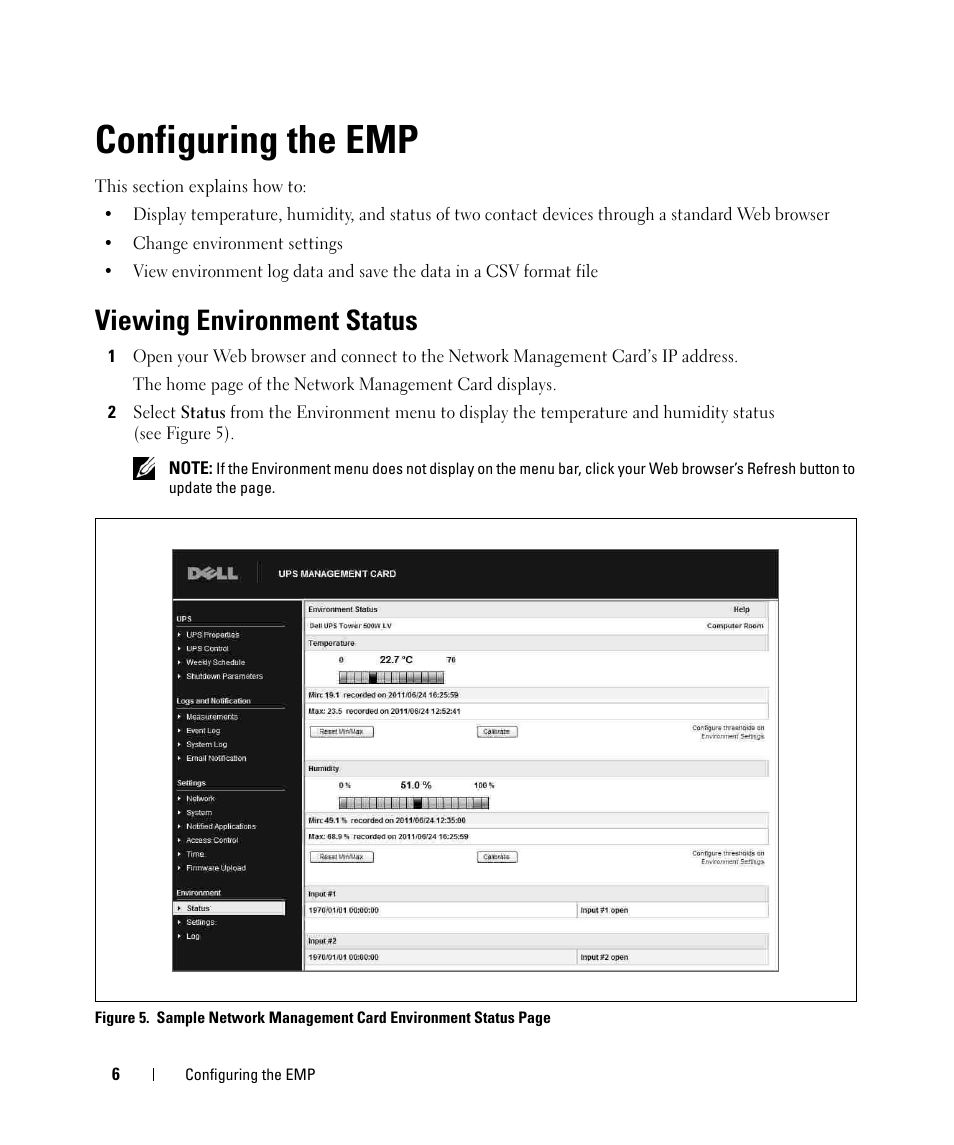 Configuring the emp, Viewing environment status | Dell UPS 3750R User Manual | Page 12 / 20