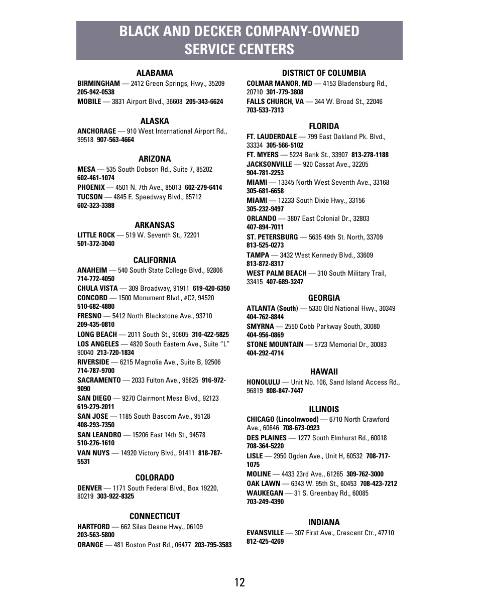 Service centers, Black and decker company-owned service centers | Black & Decker M22S User Manual | Page 12 / 16